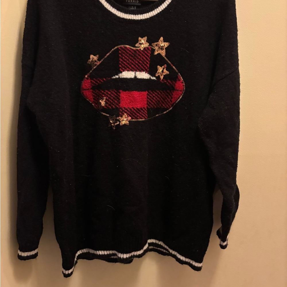 Torrid Black Sweater with Red Plaid and Gold Stars